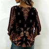 Women Square Neck Blouse White Black Ink Floral Print Ruffle Three Quarter Sleeve Shirt