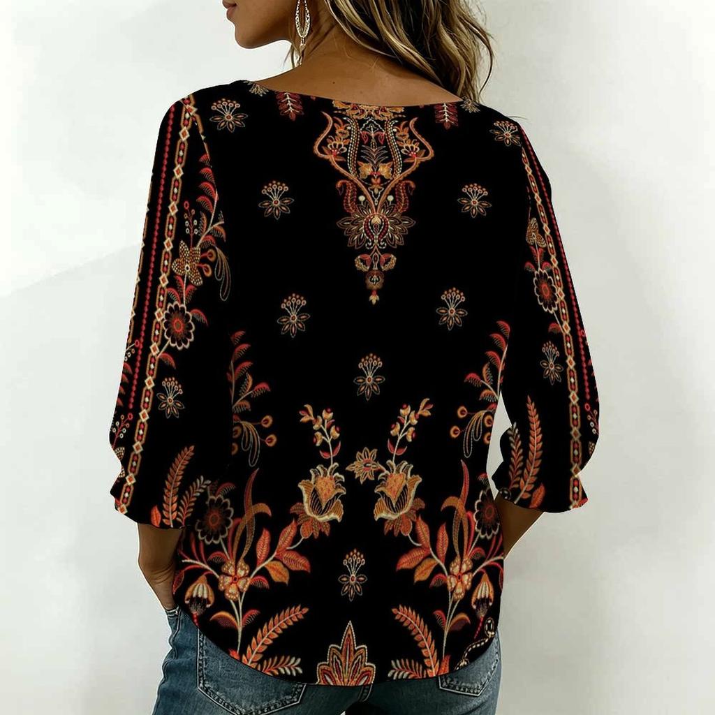 Women Square Neck Blouse White Black Ink Floral Print Ruffle Three Quarter Sleeve Shirt