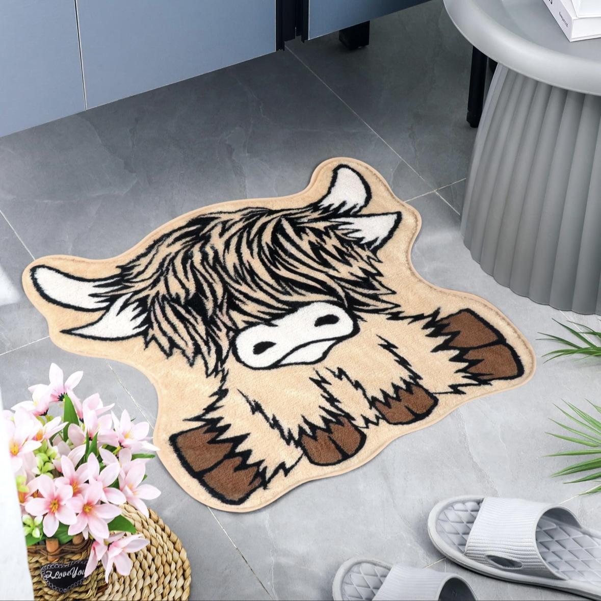 

VIKAMA Highland Cow Imitation Cashmere Bath Mat Absorbent, Non-Slip Bathroom Rug Soft Bedroom Entrance Doormat Home Decor 60x60cm 24inch