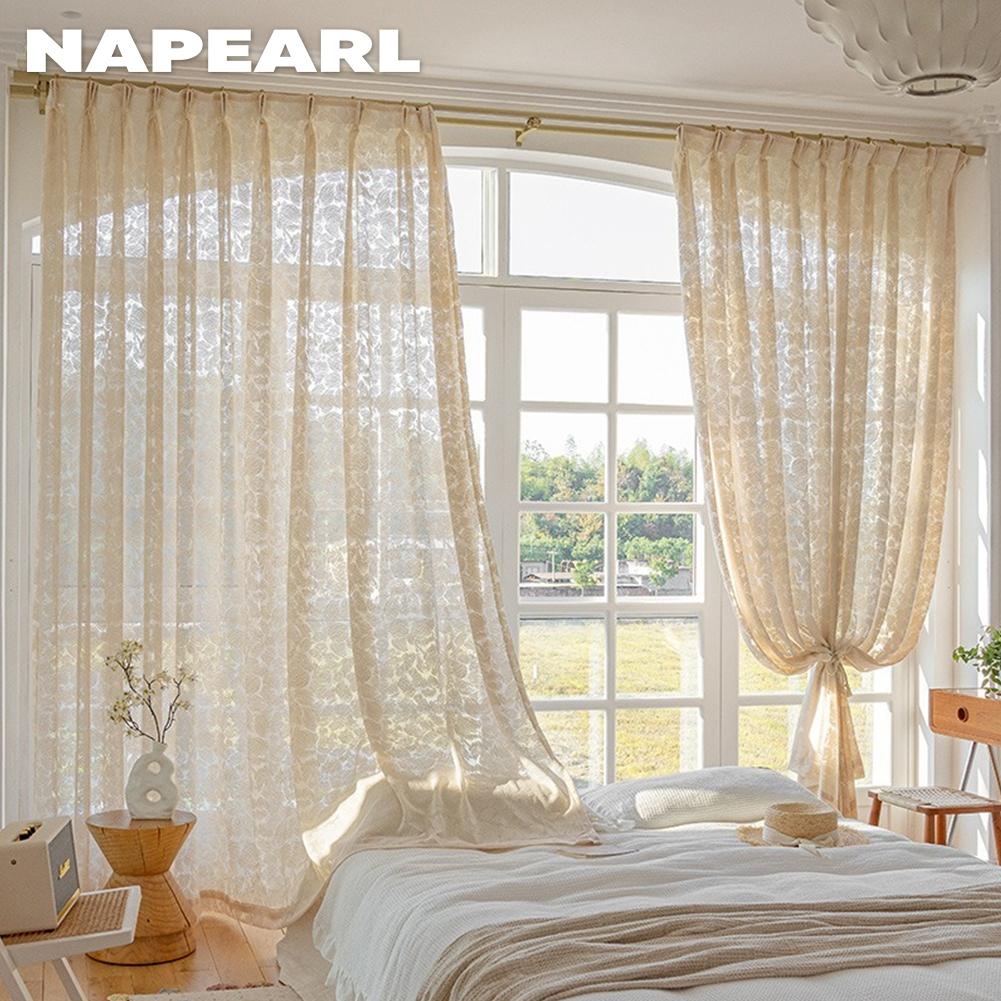 1PC NAPEARL Romantic and Exquisite French Hollow Transparent Tulle Beige Jacquard Sheer Curtain for Living Room Bedroom Balcony Window Home Decor