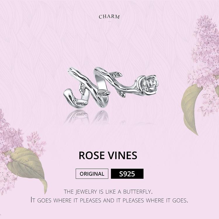 Bamoer 925 Sterling Silver Rose Vines Metal Charm for Original Silver Bracelet Fine Plated Platinum DIY Jewelry