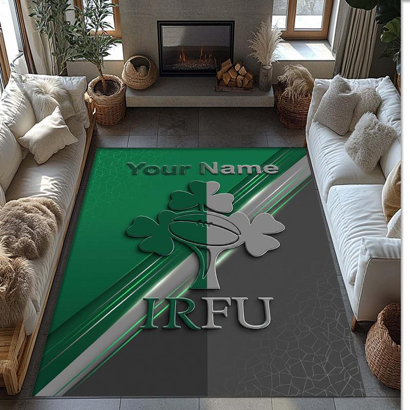 Ireland Rugby Crystal Velvet Rug, Custom Name Text Personalized Non‑Slip Floor Mat for Home Decor Gift
