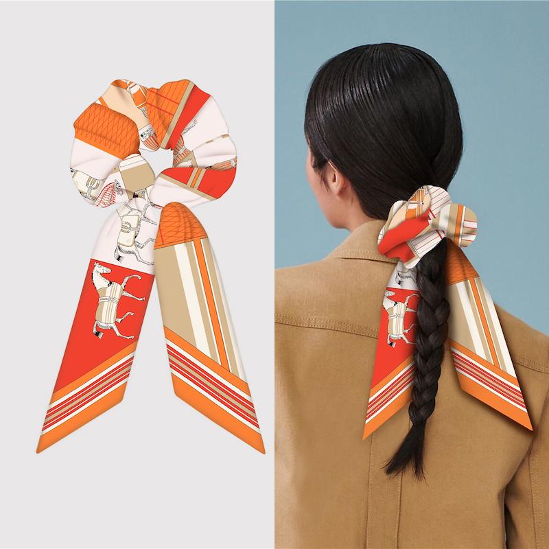 Girl Hair Silk Scarf Lady Elastic Scrunchies Ties Band Accessories Luxury Design Horse Print Ponytail Hairstyle Hairbands Ribbon