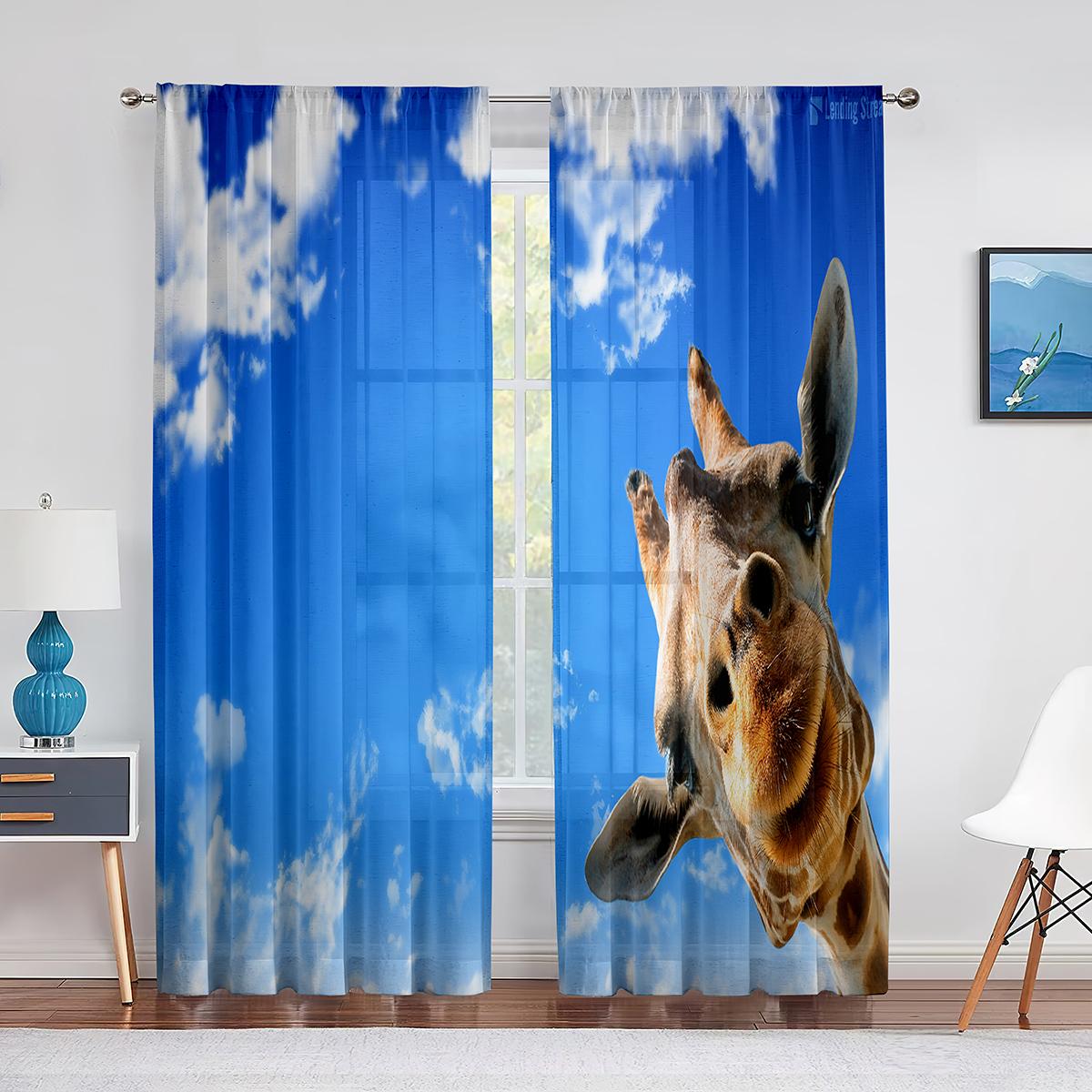 

Животные Жирафы и Зебры Голубое Небо Облака Прозрачная Вуаль Шторы Для Гостиной Спальни Украшения Окна Шифон Тюль Шторы 1 PCS W100XH250cm&Grommet Top