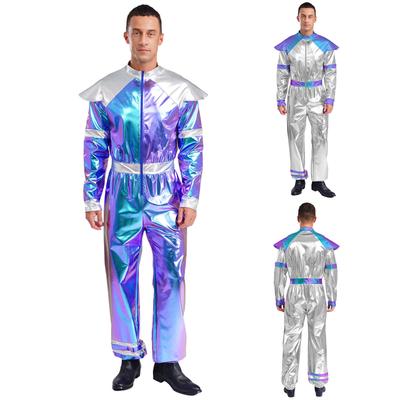 M-3XL Halloween-Kostüm Außerirdischer für Herren: Deluxe glänzender metallischer Roboter-Overall, einteiliges Retro-Weltraum-Outfit mit langen Ärmeln