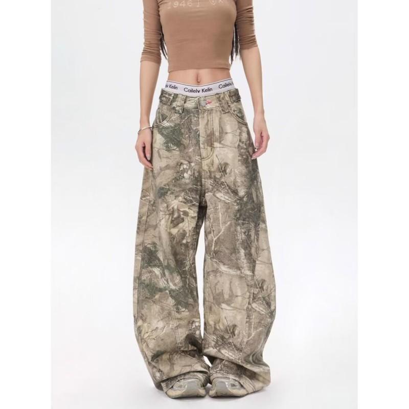 Vintage Washed Denim Pants With Embroidered Letter Camo Tree Print High-Waisted Wide-Leg Straight Cut Unisex Jeans