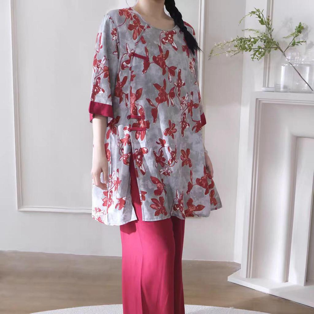 Women's Summer Lyocell Cotton Pajama Set: Chic National Wind Design, Wearable Outside, Luxurious Feel