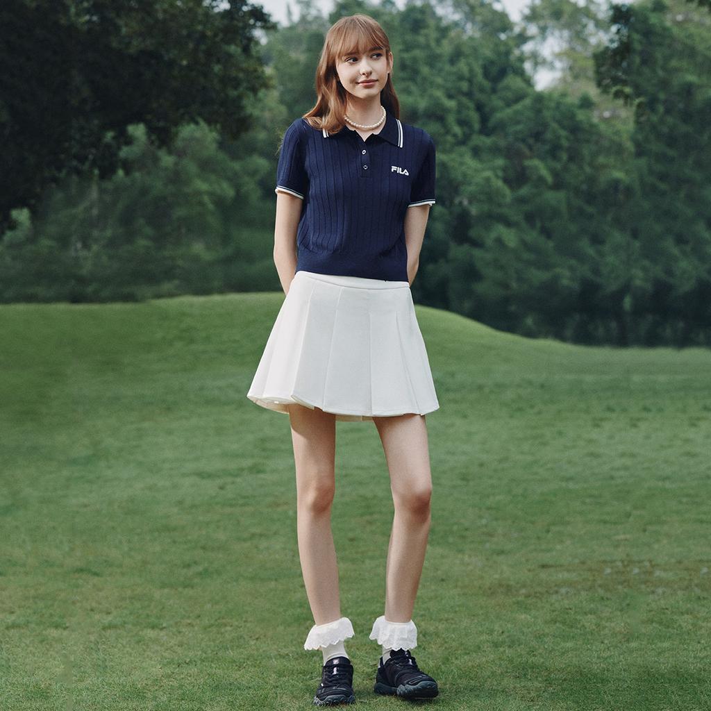 Fila Original Fashion Simple Classic Retro Casual Elegant Versatile Comfortable Woven Short Sleeve Polo Knit Top Women Tops Starry-Blue F51W629401FNV