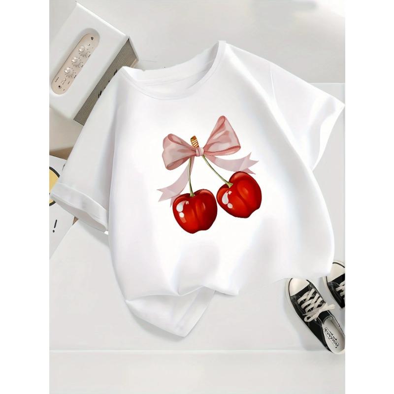 Girls' Casual Short Sleeve Round Neck T-Shirt Summer with Fabric Playful Casual Shirts for Girls Cherry Graphic Tee Comfortable