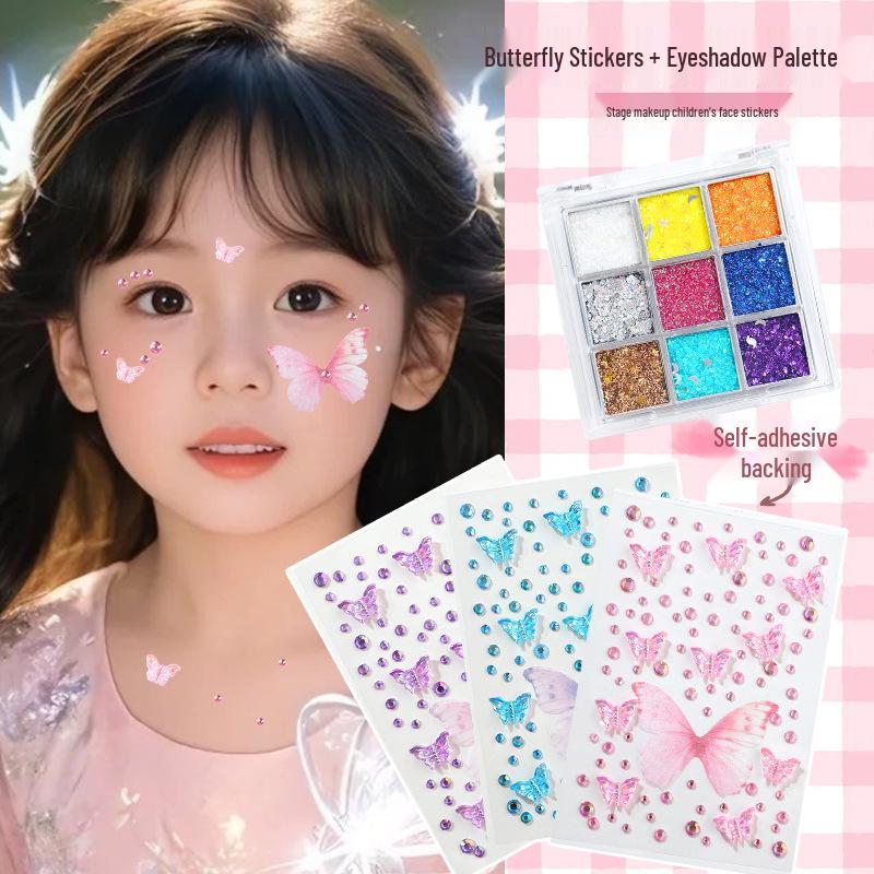 Children's Sequin Eyeshadow & Butterfly Rhinestone Stickers - Glue-Free, Self-Adhesive Stage Makeup for Performances