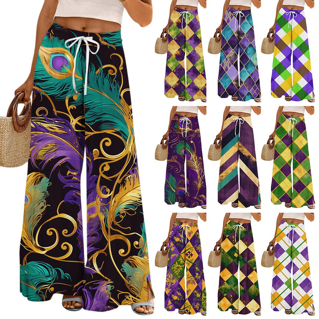 Ladies' Loose And Casual Printed Wide Leg Pants With Elastic Waistband Drawstring And Pocket Pants