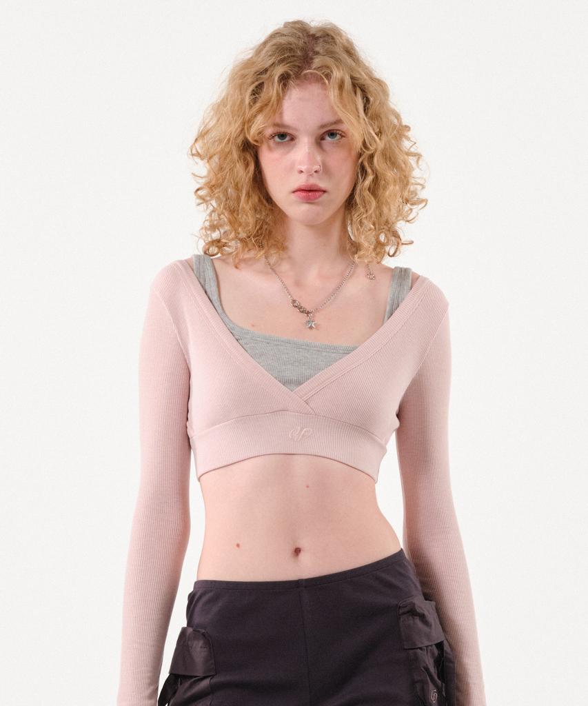Podeowedeo Deep V-Neck Ribbed T-Shirt (Light Pink)