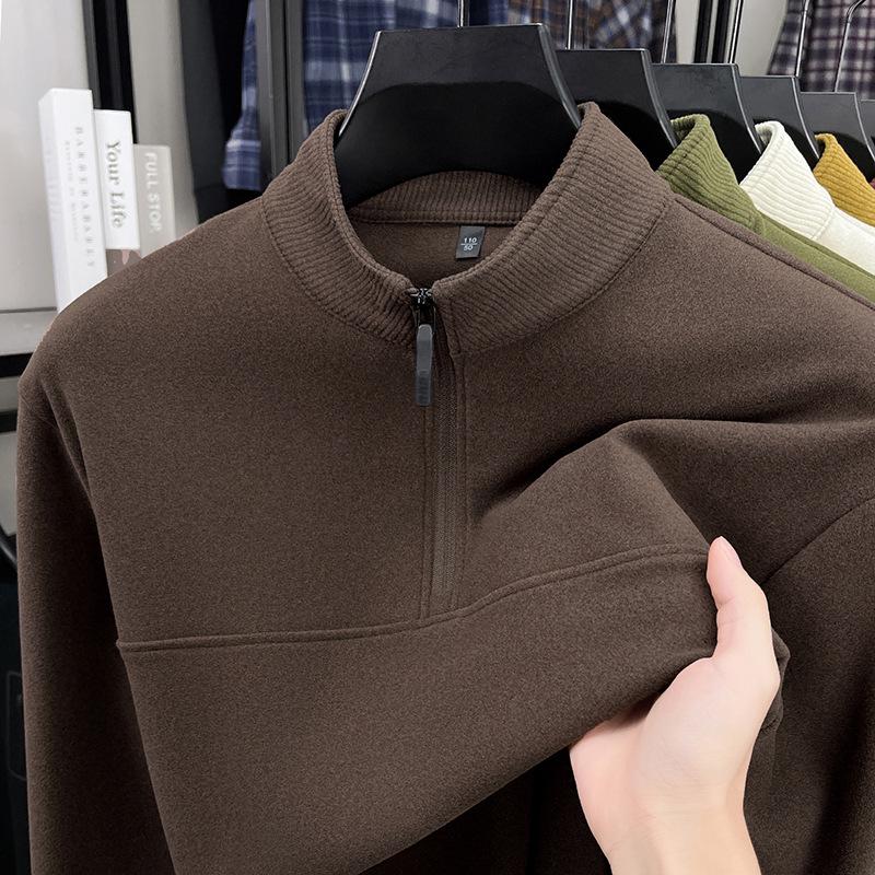 Men's Double-Sided German Fleece Half-Zip Hoodie - Stand Collar, Warm Base Layer for Autumn/Winter, Simple Casual Fashion.