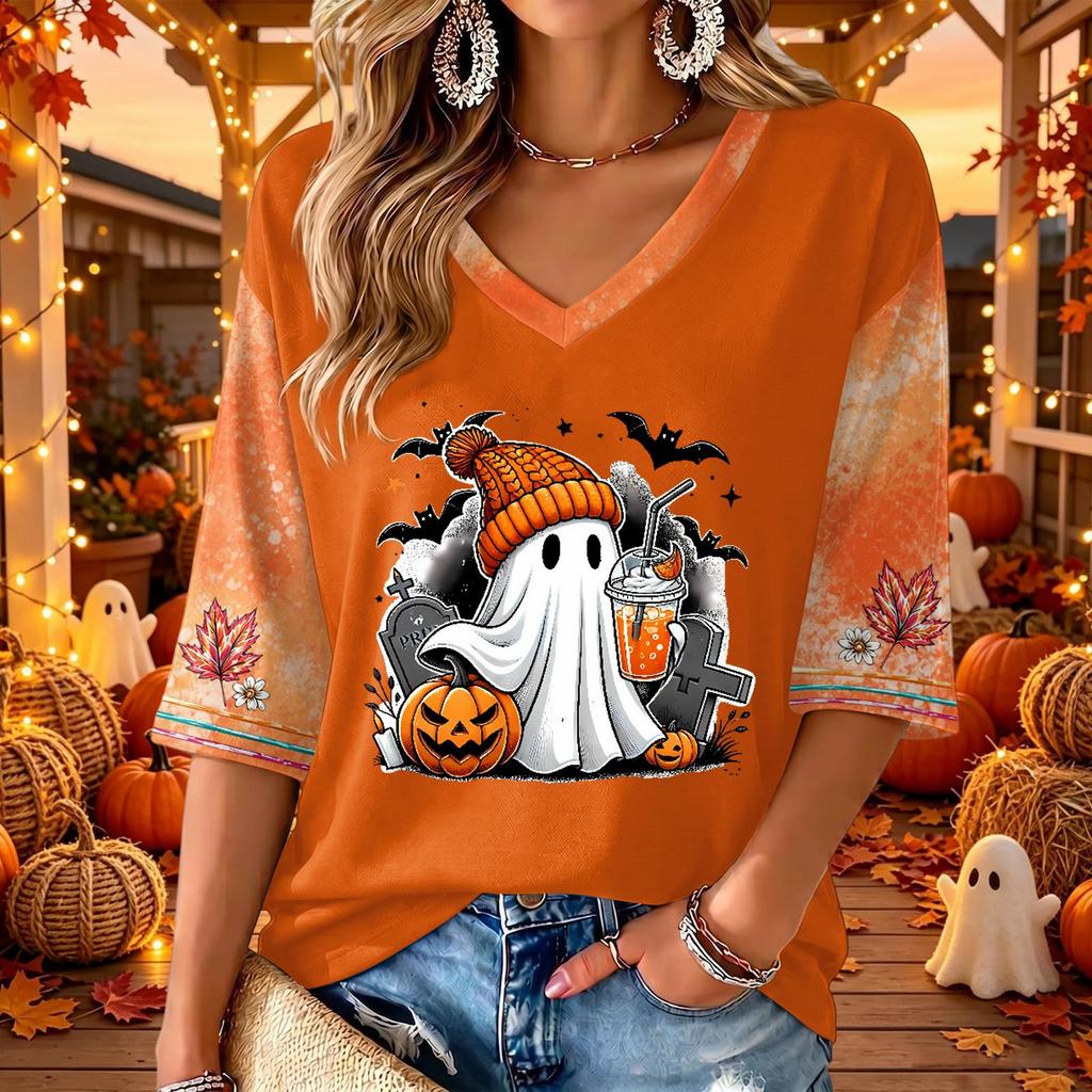 Women's Halloween Print V-Neck 3/4 Sleeve Casual Blouse Top