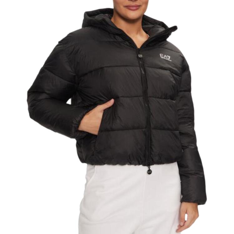 Emporio Armani EA7 FW24 Einfarbige Kapuzenjacke mit Stehkragen, kurzärmelig, Baumwolle, Damenjacken, Schwarz 6DTB17-TNGPZ-0210