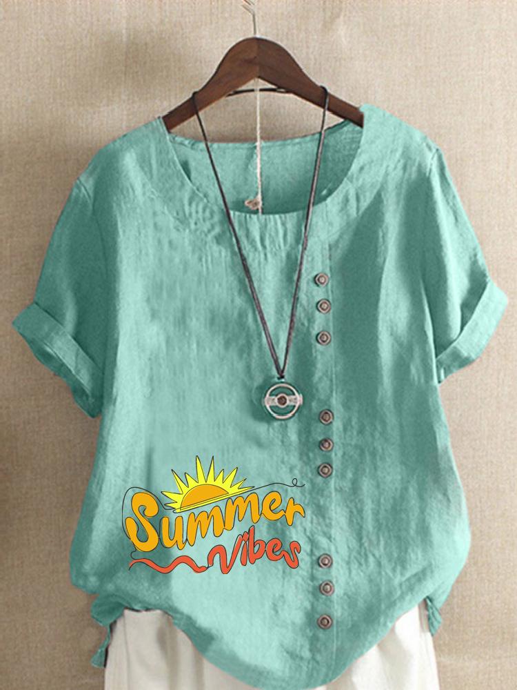 Women's Fashion Letter Print Round Neck Short Sleeve T-shirt Casual Cotton Linen Graphic Shirt Leisure Loose Summer Blouse Tops