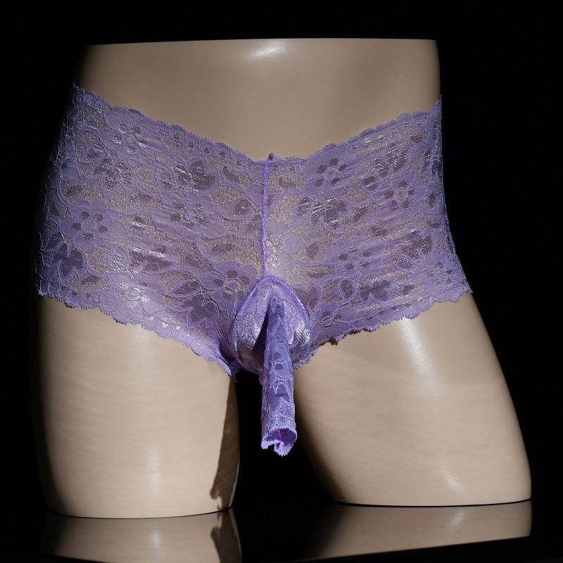 Large Size Sissy Lingerie Panties Men Sexy Floral Embroidered Underwear Open Closed Penis Sheath Briefs Gay Crotchless Nightwear