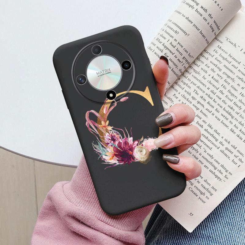 Buchstaben-Handyhülle für Honor X9b X9a Magic5 Lite Magic6 Lite 5G Hülle Retro-Blumen Rosa Schwarz Weiches TPU Initialen Silikon Fundas