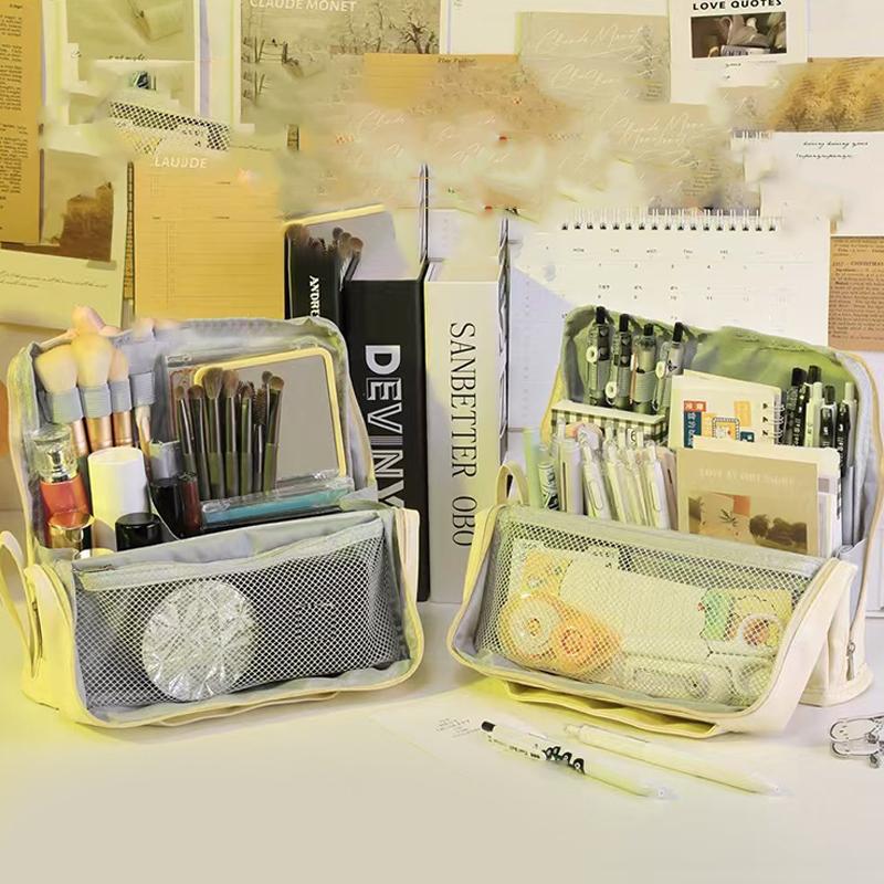 Extra Large Capacity Cosmetic Bag Multi-Compartment Multi-Layer Pen Bag High Aesthetic Solid Color Storage Bag Cosmetics