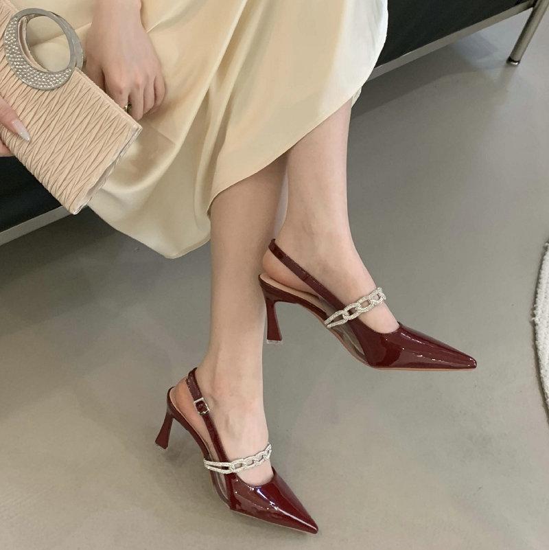 Fashion Metal Buckle Pointy Stiletto Heels Women 2025 Spring Summer Sexy Temperament Patent Leather After Trip Strap Toe Sandals Single