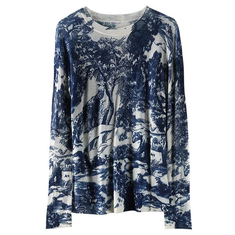 Women's Korean Fashion Vintage Print Elegant Knitted Sweater Harajuku Casual Chic Long Sleeve Knitwear Slim Basic Pullover Tops