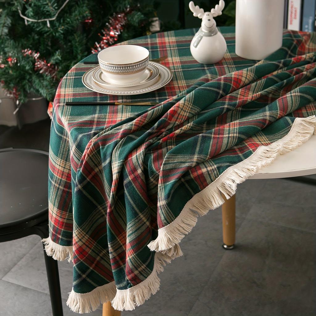 Vintage Red Green Plaid Tablecloth With Tassels, Perfect For Christmas & Party Table Decor.