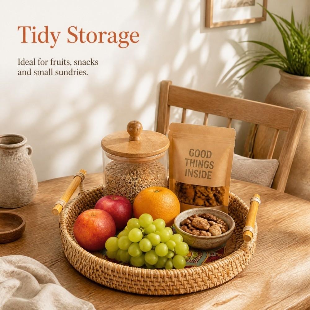 Wicker Weave Rattan Serving Tray Round Shape Round Wicker Basket Woven Rattan Tray Fruit Serving
