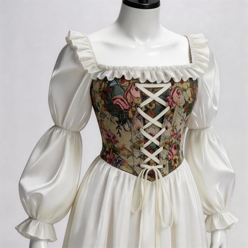 Medieval Floral Dress Cosplay Costume Court Style Corset Puff Sleeve Long Gown Halloween Party Stage Performance