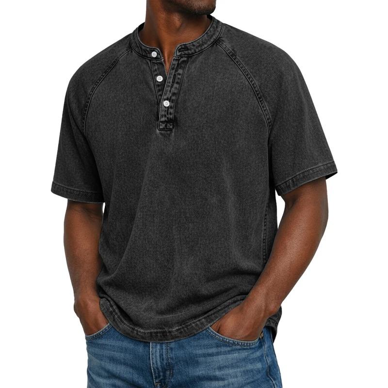 Men's Light Blue Denim Henley Short Sleeve Shirt