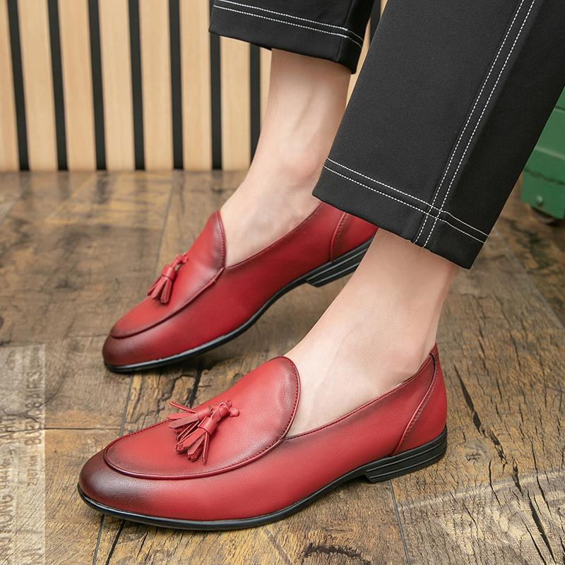 Fashion New Red Men Tassel Loafers Leather Formal Shoes Elegant Dress Shoe Simple Slip On Man Casual Shoes Footwear Large Size 47