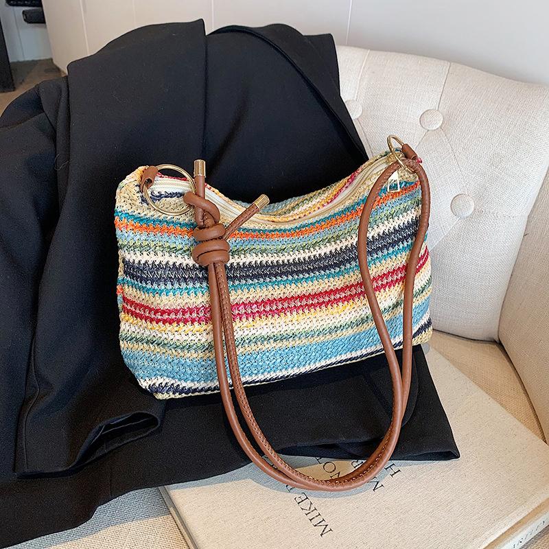Women'S Striped Woven Straw Tote Bag - Lightweight Large Capacity With Detachable Coin Purse & Zip Closure For Beach Vacation