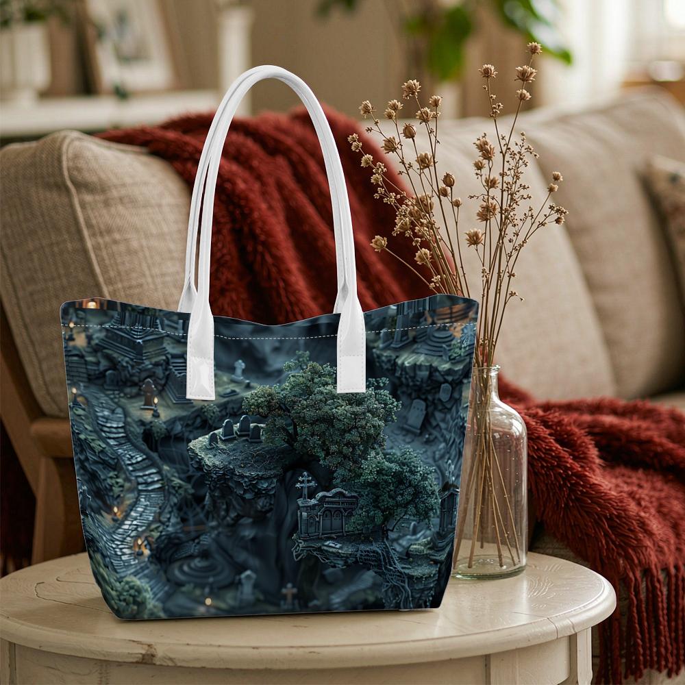 Gothic Cemetery Print Tote Bag Fashion Dark Style Portable Daily Commute Bag for Women Lightweight Casual Shopping Shoulder Bag