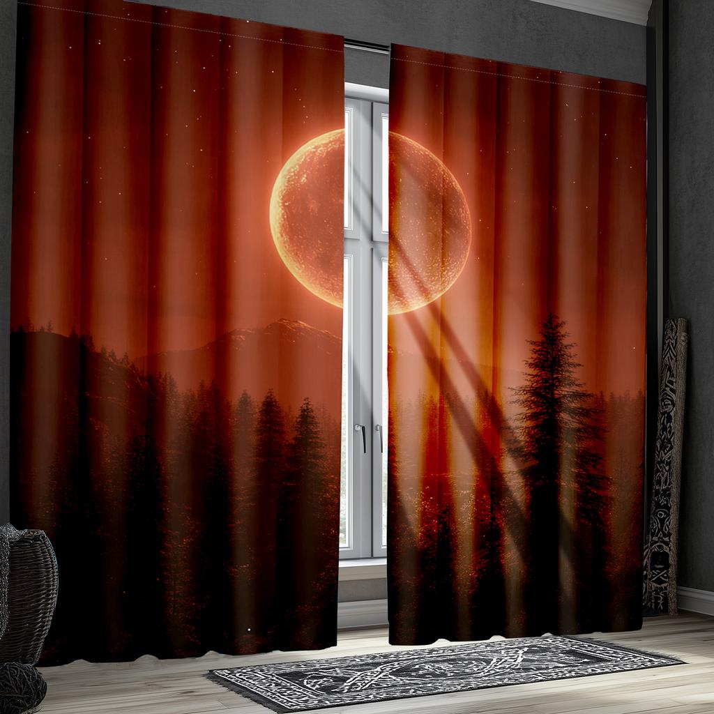 2pcs Abstract Moon and Forest Curtains with Full Moon and Colorful Landscape, Polyester