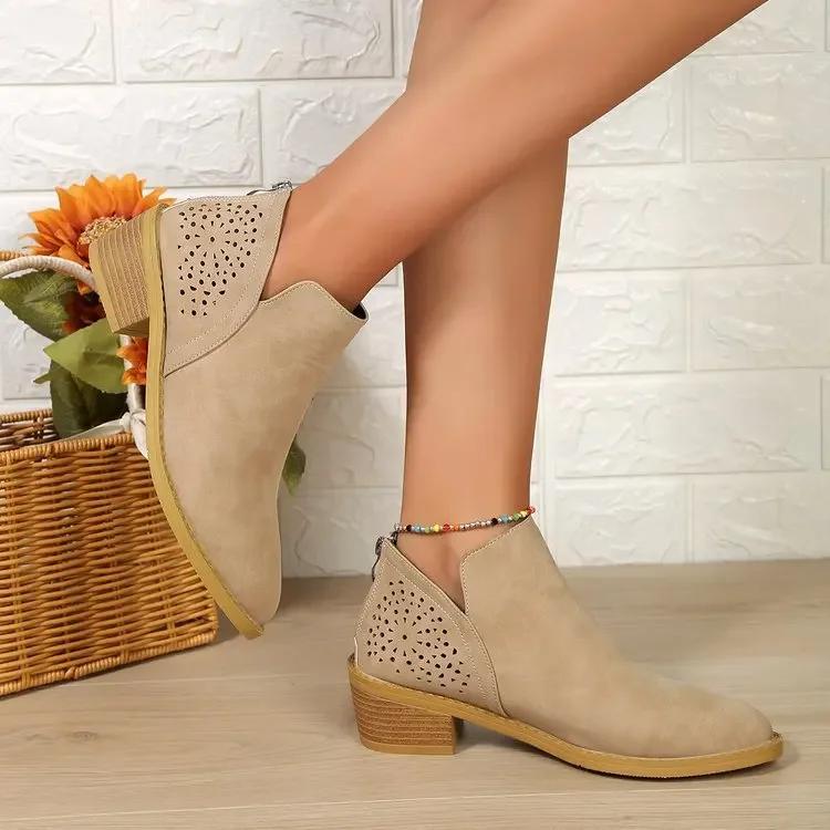 Mode Damen Stiefeletten Britisch Spitz Zehenbereich Dicke Absätze Damenmode Stiefeletten Ausgehöhlt Designer Plateau-Stiefeletten 2024