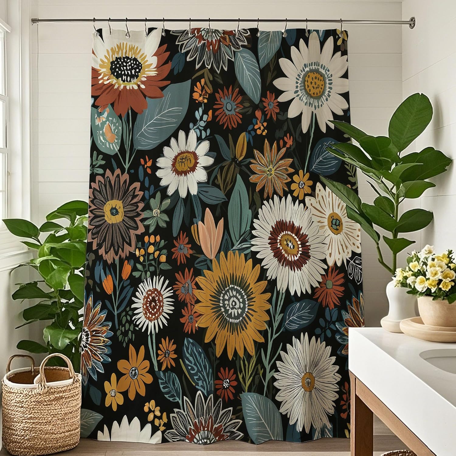 

Boho Floral Shower Curtain Set Bohemian Flower Shower Curtains Vintage Retro Rustic Watercolor Botanical Plant Bath Curtain Rose 90x180cm
