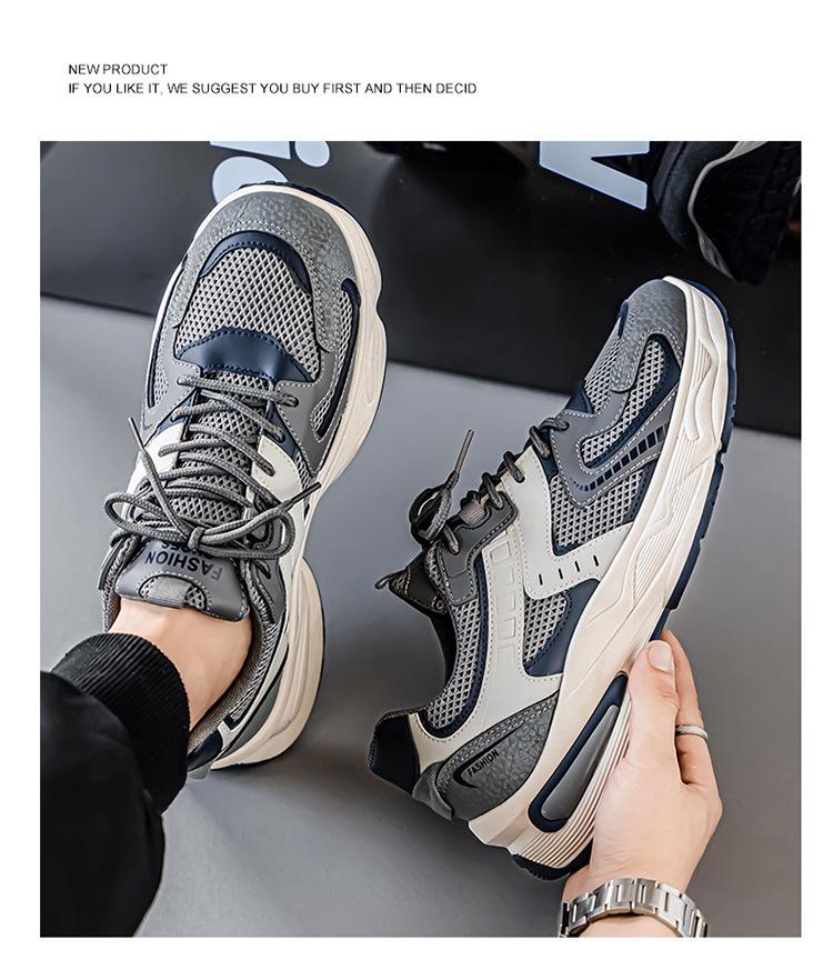 Summer 2025 Men's Breathable Mesh Sneakers: Trendy Versatile Thick-Soled Non-Slip Casual Dad Shoes