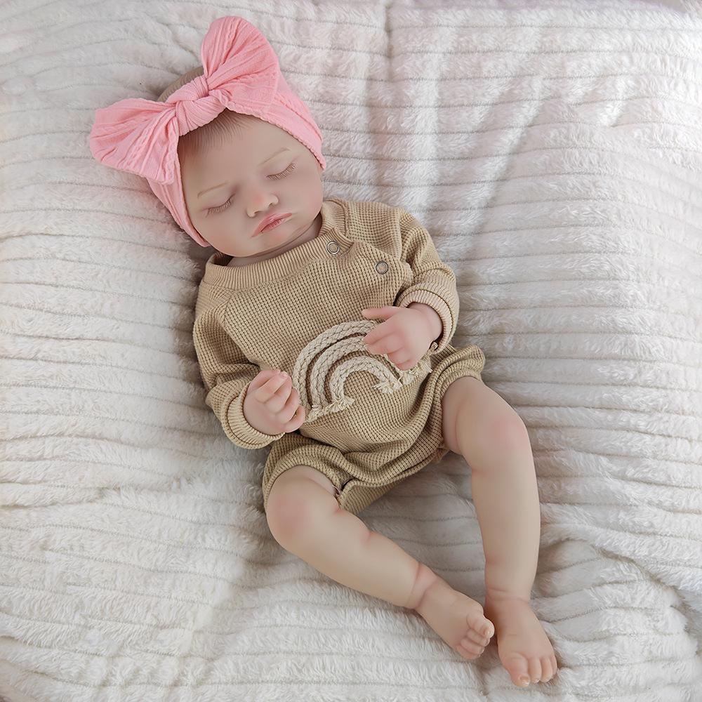 18 Realistic Silicone Baby Doll with Closed Eyes - Bath Toy & Birthday Gift Full Set (Doll + Clothes)