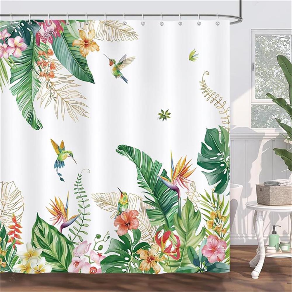 

Retro Tropical Leaves Shower Curtains Green Brown Monstera Palm Leaf Bird Bathroom Decor Polyester Cloth Bath Curtain With Hooks W60H190(CM)-1 Pcs