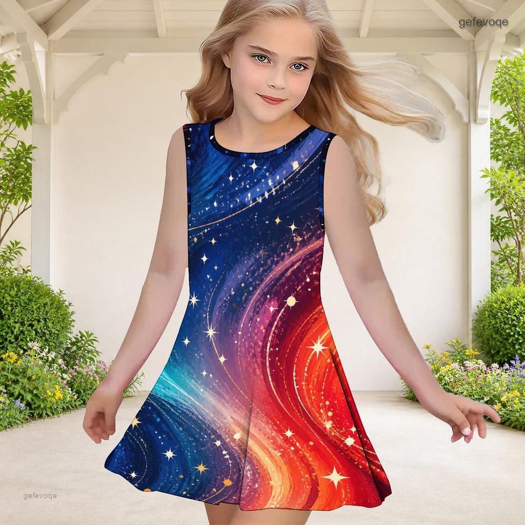 Girls Round Neck Sleeveless Galaxy Printed A Line Flared Dress Red White Blue