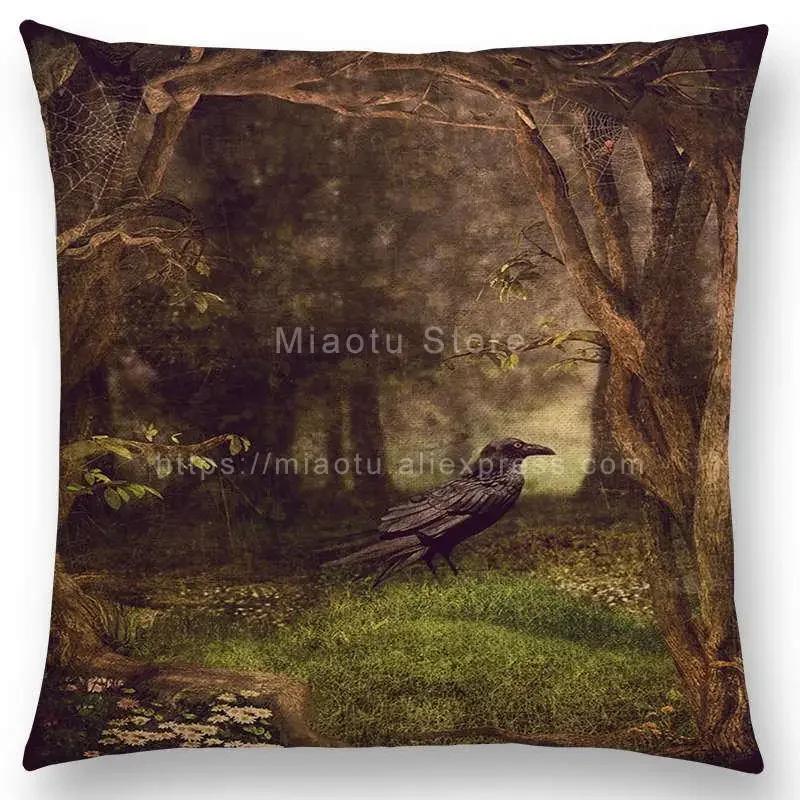 Latest Mysterious Imagine Animals Cushion Cover Forest Raven Fantasy Clouds Sky Moon Stars Earth Dream Girl Prints  Pillow Case