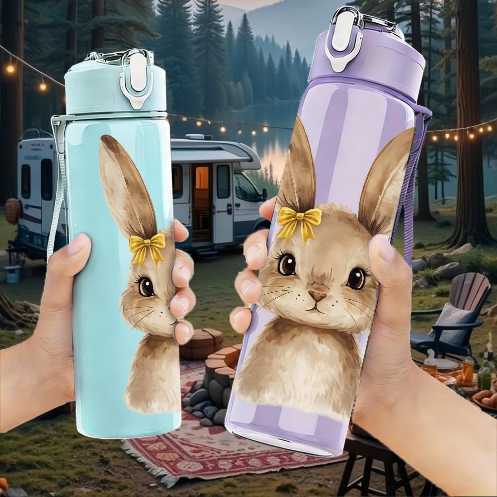 1PC Cute Long Ear Bunny Rabbit Portrait Print 750ml Color Plastic Sports Water Bottle Leakproof Flip Straw Lid Suitable for Sports Office Home Use