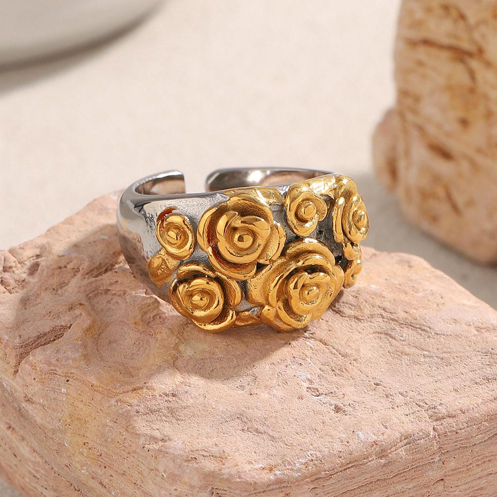 MamacitaSlay 316L Stainless Steel Double Color Multi Flower Open Ring Party Waterproof Jewelry Women's Gold Plated Ring Gift
