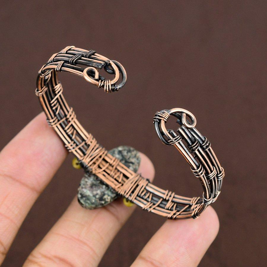 Natural Seraphinite Gemstone Handmade Copper Wire Wrap Cuff Bangle Adj. e0f14