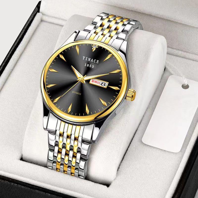 Mechanische Herren-Quarzuhr mit Doppeltem Kalender, Wasserdicht, Leuchtend im Dunkeln, Stahlbanduhr, Geschäftsuhr, Vollautomatisch