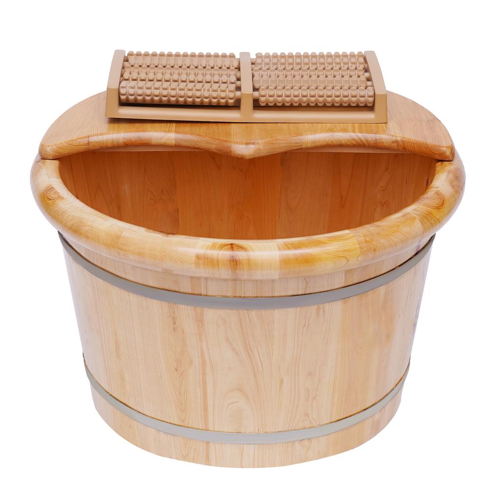Foot Bath Bucket Cedar Wood Foot Basin Foot Massage Bucket with Massager Cover Plate Portable Foot Bath Basin