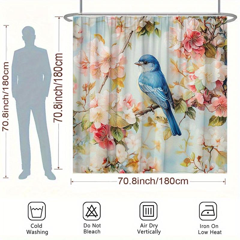 Polyester Duschvorhang - Blauer Vogel auf Ast mit Blumen, Aquarell-Frühlingsszene, 70,8 x 70,8 Zoll, 12 Haken, maschinenwaschbar