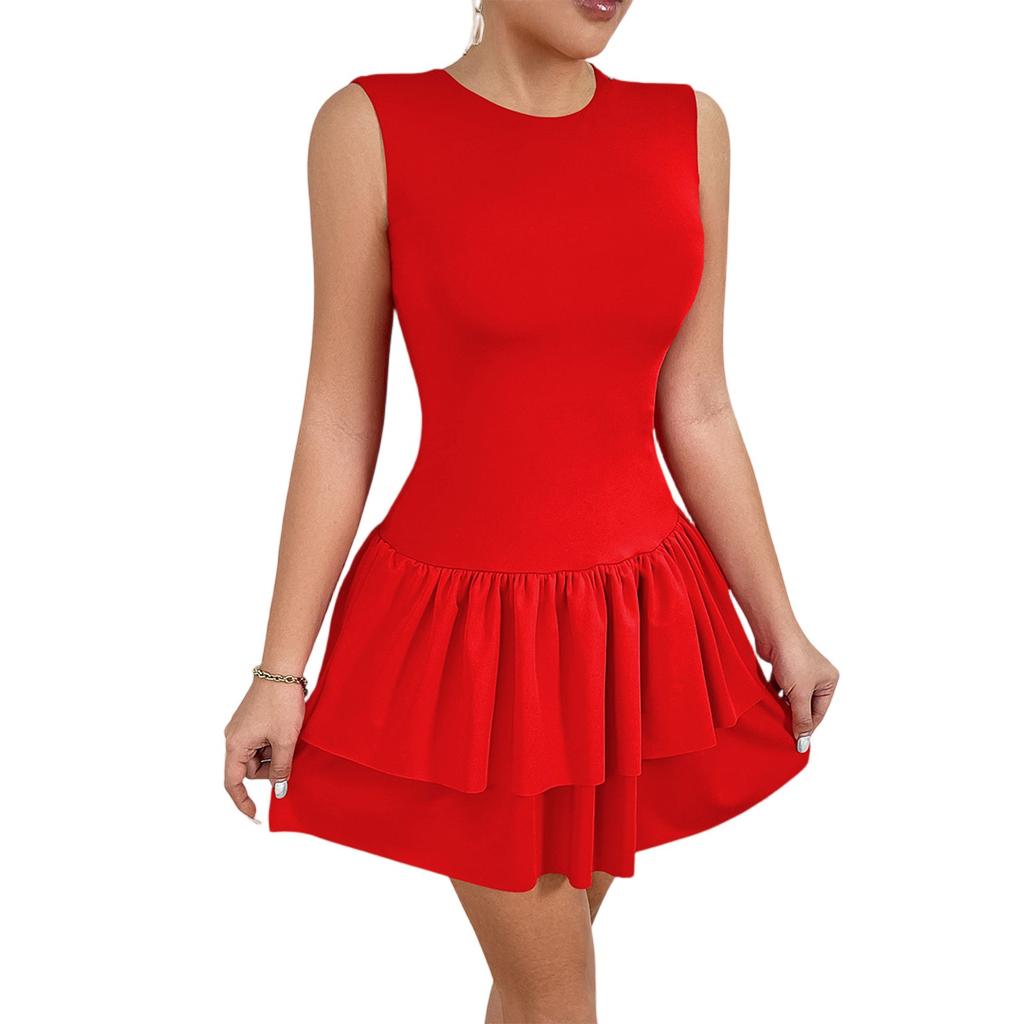 Women's Fashion Color Ruffled Skirt Sleeveless Pleated Dress