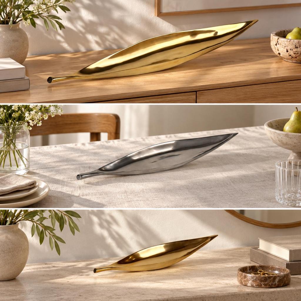 Versatile Leaf-Shaped Decorative Tray Reflective Long Leaf with Tapered