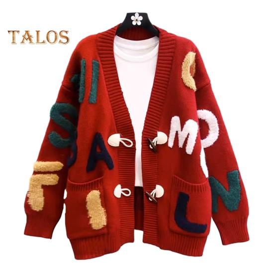 

Женский свитер, пальто с V-образным вырезом, длинный рукав, принт с буквами, вязаное пальто, однобортное, карманы, свободный крой, вязаный кардиган красный