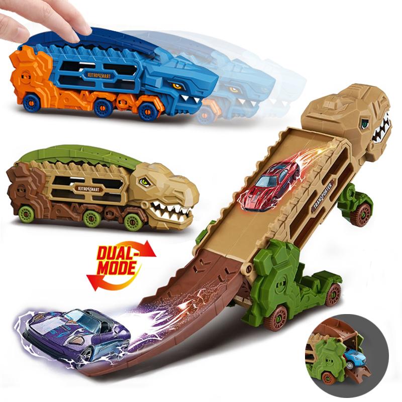 Transport Dinosaur Truck with Foldable Sliding Ra Track, Transforms Into Standing T-Rex & Trike, Best Birthday Gift for Kids